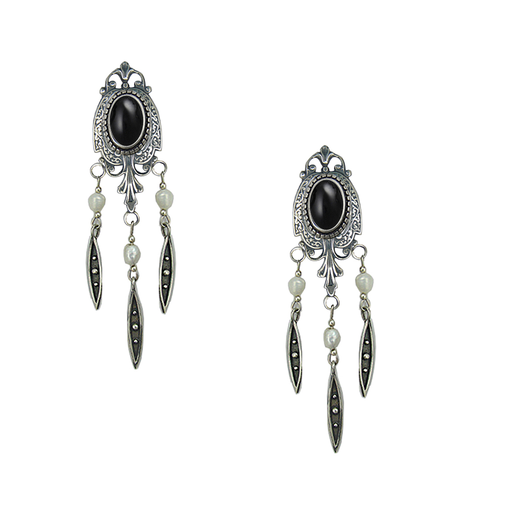 Sterling Silver Victorian Style Drop Dangle Earrings With Black Onyx